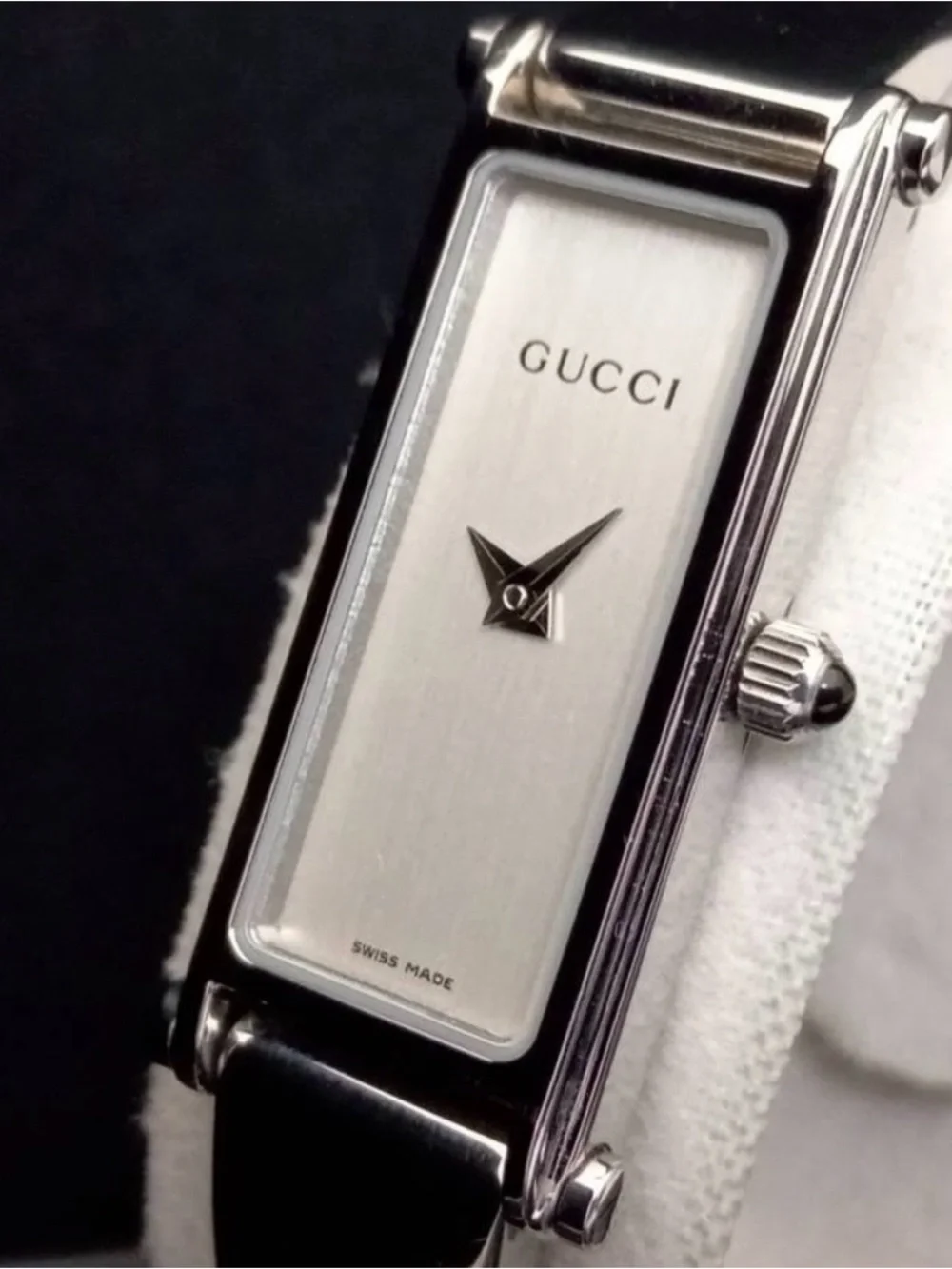Gucci Silver-Tone Rectangular Dial Watch with Black Strap